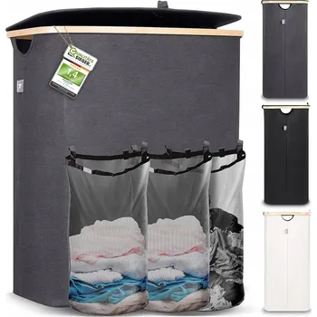 Koš na prádlo HENNEZ Koš na prádlo 150L 3 přihrádky Bambusový Šedý