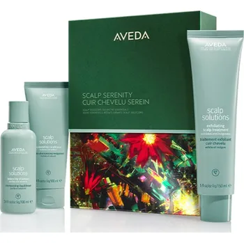 Kosmetická sada Aveda Holiday Aveda Scalp Solutions Exfoliating Scalp Treatment exfoliační gel pro obnovu pokožky hlavy 150 ml + Aveda Scalp Solutions Balancing Shampoo zklidňující šampon pro obnovu pokožky hlavy 100 ml + Aveda Scalp Solutions Replenishing Conditioner je