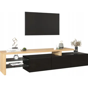 Televizní stolek TV stolek, skleněná police černá, vysoký lesk LED osvětlení 197x39x42cm