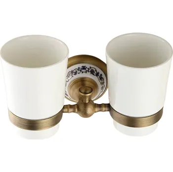 Držák na kartáček DRŽÁK DO KOUPELNY SE DVĚMA KELÍMKY NA KARTÁČKY A PASTU, MOSAZNÝ, RETRO STYL