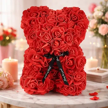 Obraz Romantický Medvídek s Červenou Růží - Dárek na Valentýna pro Ženy 25cm