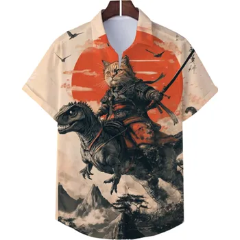 Pánská košile Pánská košile s límečkem na knoflíky Krátký rukáv Polyester Spandex Béžová Kočka jedoucí na dinosaurovi Potisk Letní košile 3XL