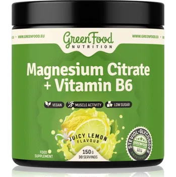 Zdraví GreenFood Nutrition Magnesium Citrate + Vitamin B6 prášek pro podporu normální činnosti nervové soustavy, svalů, zubů a snížení míry únavy příchuť Juicy Lemon 150 g