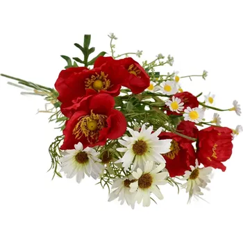 umělá květina Kytice letních bílých kopretin s vlčími máky a heřmánkem 70 cm