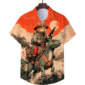 Pánská košile Pánská košile s límečkem na knoflíky Krátký rukáv Polyester Spandex Oranžová Kočka na dinosaurovi Potisk Letní košile pro volný čas 3XL