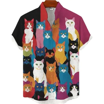 Pánská košile Pánská košile s límečkem na knoflíky Krátký rukáv Polyester Spandex Bordová Kočičí potisk Stylová letní košile pro volný čas 3XL