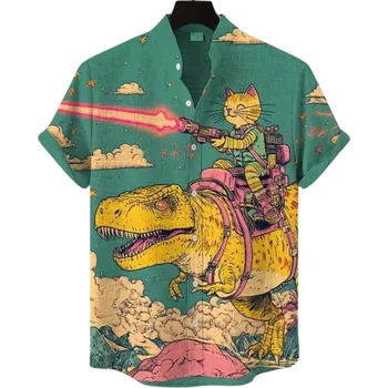 Pánská košile Pánská košile s límečkem na knoflíky Krátký rukáv Polyester Spandex Zelená Kočka na dinosaurovi Potisk Letní košile pro volný čas XL