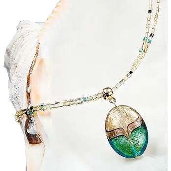 Náhrdelník Elegantní dámský náhrdelník Green Sea World s perlou Lampglas s 24karátovým zlatem a avanturínem NP26 Lampglas