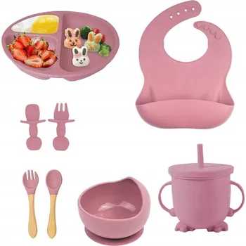SILIKONOVÝ TALÍŘEK S PŘÍSAVKOU + MISKA + PŘÍBORY + BRYLÍK + HRNEK 8V1