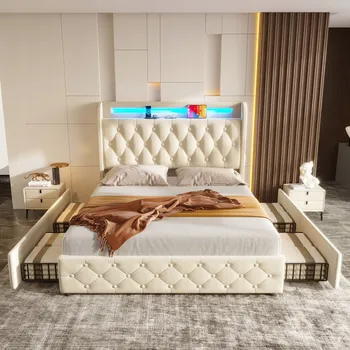 Postel Manželská postel, Čalouněná postel 4 zásuvky USB LED 140X190CM Bílá