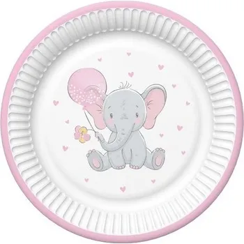 Talíř Talíř papírový PM 18cm 8ks Baby Elephant with Pink Balloon