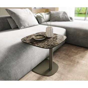 Konferenční stolek DELIFE Konferenční stolek Edge Boot 50x50 cm keramika Laminam® Emperador Extra Lucidato tmavě hnědá Eleny kov titanová barva