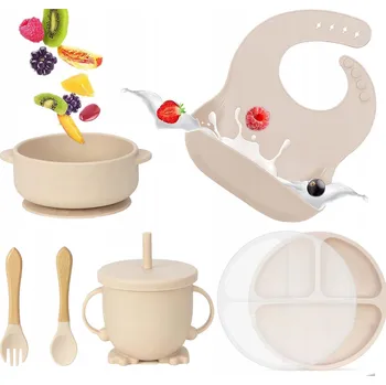dětská jídelní sada SILIKONOVÝ TALÍŘEK S PŘÍSAVKOU + MISKA + PŘÍBORY + BRYLÍK - BÉŽOVÝ