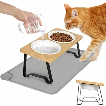Miska pro psa Stojan na krmení se 2 keramickými miskami a silikonovou podložkou pro kočky a psy