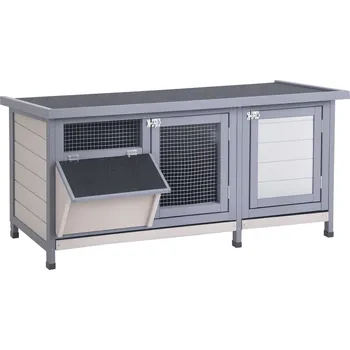 PawHut Zimní králíkárna, dřevěná králíkárna, 112x50x54 cm, s bitumenovou střechou, 2 dveře, kovová síťovina, venkovní králíkárna pro králíky a morčata, šedá+černá