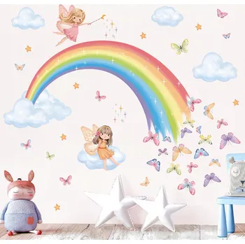Samolepící dekorace DECALMILE Samolepky na Zeď Duha Víla Motýli Obláčky Hvězdy
