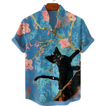 Pánská košile Pánská košile s límečkem na knoflíky Krátký rukáv Polyester Spandex Modrá Kočičí potisk Stylová letní košile pro volný čas S