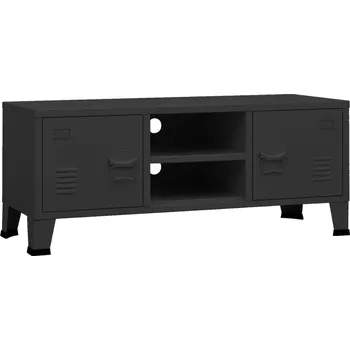 Televizní stolek TV stolek industriální, kovový, s dvířky a policí, černý, 105x35x42 cm