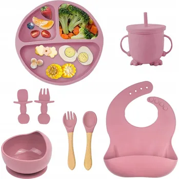 SADA NÁDOBÍ A PŘÍBORŮ SILIKONOVÁ PRO DĚTI A MIMINKA 8 DÍLŮ RŮŽOVÁ