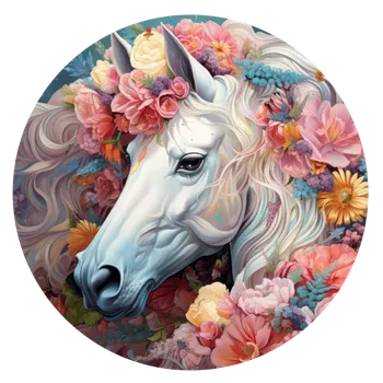 Jedlá dekorace na dort Jedlý tisk – Magický bílý kůň v kvetoucí zahradě Ø13