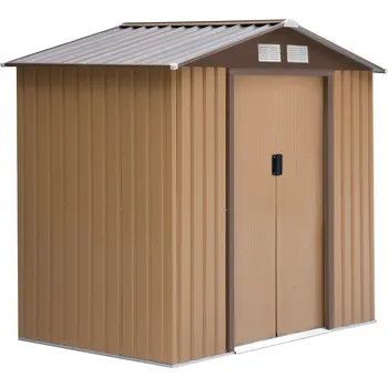 Zahradní domek Outsunny kůlna zahradní kůlna zahradní kůlna s podlahovým rámem a posuvnými dveřmi odolná proti povětrnostním vlivům ocel žlutá 213 x 130 x 185 cm | Aosom