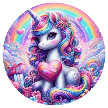 Jedlá dekorace na dort Jedlý tisk – Duhový jednorožec se srdíčkem Ø13