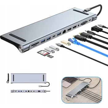 Dokovací stanice HUB USB-C pro notebook 12v1 USB 3.0 HDMI 4K LAN hliníková 100W