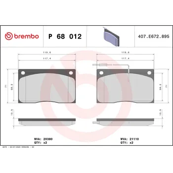 Brzdová destička Sada brzdových destiček, kotoučová brzda BREMBO P 68 012