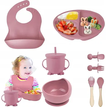 SADA PŘÍBORŮ A NÁDOBÍ PRO DĚTI, 8 KS, SILIKONOVÁ, RŮŽOVÁ