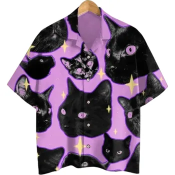 Pánská košile s límečkem na knoflíky Krátký rukáv Polyester Spandex Fialová Kočičí potisk Letní košile pro volný čas XL