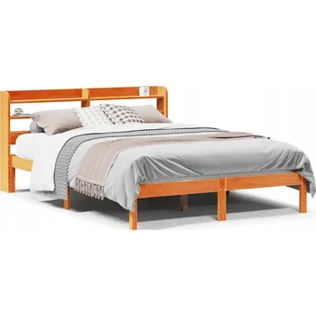 Postel Dřevěná borovicová postel s čelem a poličkami, voskovaná hnědá 208x130x82 cm