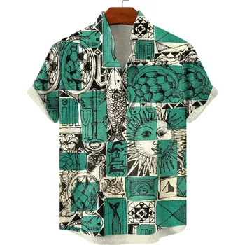 Pánská košile Pánská košile s límečkem na knoflíky Krátký rukáv Polyester Spandex Zelená Potisk znaků Letní košile pro volný čas M