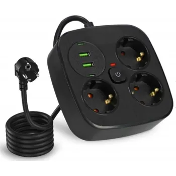 Napájecí kabel Prodlužovací Kabel Zásuvková Lišta 3 Zásuvky 230V, 3M Kabel, 4x USB Nabíječka