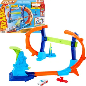 autíčko Mattel Hot Wheels Stunt Tracks – kaskadérská dráha Mistrovský skok s vývrtkou Corkscrew Jump Champion + vozidlo