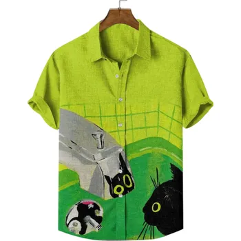 Pánská košile Pánská košile s límečkem na knoflíky Krátký rukáv Polyester Spandex Zelená Kočičí potisk Letní košile pro volný čas 3XL
