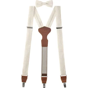 Kšandy Avantgard Set Látkové šle Y s koženým středem a zapínáním na klipy - 35 mm, motýlek a kapesníček smetanová, tmavě hnědá kůže 881-934863