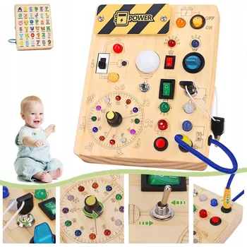 Dřevěná hračka DŘEVĚNÁ MANIPULAČNÍ DESKA Montessori S LED SPÍNAČEM SVĚTLA