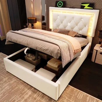 Postel Jednolůžková postel Čalouněná postel USB-C LED Hydraulická Béžová 90x200cm