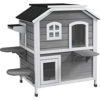 Pelíšek pro kočku PawHut dřevěný domeček pro kočky 78 x 55,5 x 91 cm voděodolný s podlahou odolnou proti vlhkosti únikové dveře skákací plošiny otvor v podlaze šedý | Aosom.de