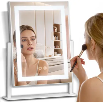 Zrcadlo VELKÉ KOSMETICKÉ ZRCADLO S LED OSVĚTLENÍM PRO MAKE-UP, 3 BARVY, OTOČNÉ, ZRCADLO USB