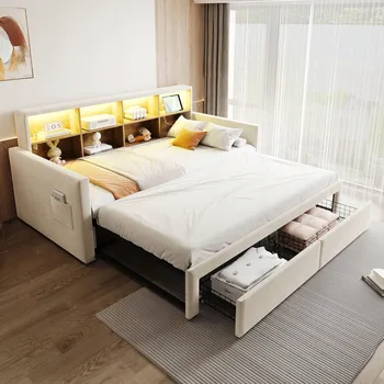 Postel Čalouněná postel s LED, rozkládací pohovka, šuplík, 90x190 cm, béžová