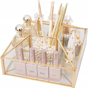 Organizér na kosmetiku Otočný organizér s přihrádkami na štětce a kosmetiku, průhledný se zlatými detaily