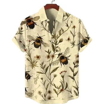 Pánská košile Pánská košile s límečkem na knoflíky Krátký rukáv Polyester Spandex Béžová Potisk čmeláků Letní košile pro volný čas XL