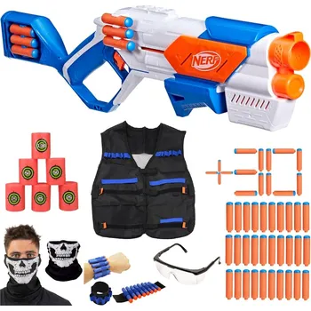Nerf N Series Mega sada pistole Strikeback G0218 + náramek + terče + šátek lebka + brýle + vesta + 30 šipek N1
