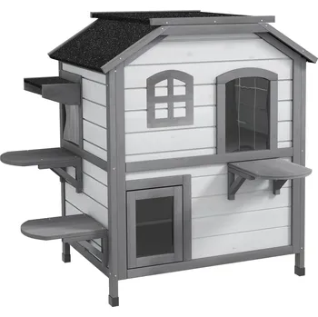 Pelíšek pro kočku PawHut Dřevěný domek pro kočky PawHut, venkovní domek pro kočky se schody, 2 patra, domek pro malá zvířata pro kočky do 4,5 kg, bílý, 78 x 55,5 x 91 cm | Aosom