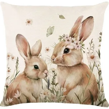 Povlak na polštářek Flamenco Mystique Lněný povlak na polštář 45 x 45 cm s jarním motivem KRÁLÍČCI POD216