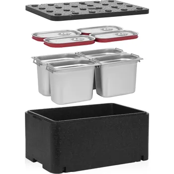 TECHNICA [Sada] Izolovaná nádoba Essential Line GN 1/1 250 mm + 4x nádoba GN 1/4, 200 mm, s držadly, z nerezové oceli + víka se silikonovým těsněním