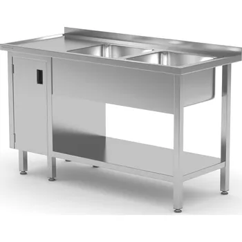 Nerezový dřez TECHNICA Stůl s dvojitým dřezem na pravé straně se skříňkou a policí 1400x600x850 mm | TECHNICA, 227P1460
