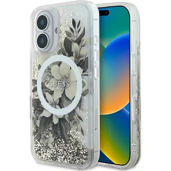 Pouzdro na mobilní telefon Guess - Liquid Glitter Flower MagSafe (GUHMP16SLFMWTE) - iPhone 16 - béžová