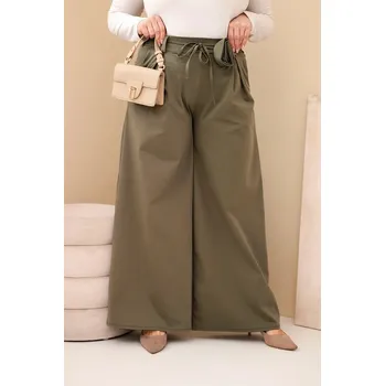 Dámské kalhoty Dámské kalhoty Plus Size s širokou nohavicí a ozdobným květem v pase khaki UNI